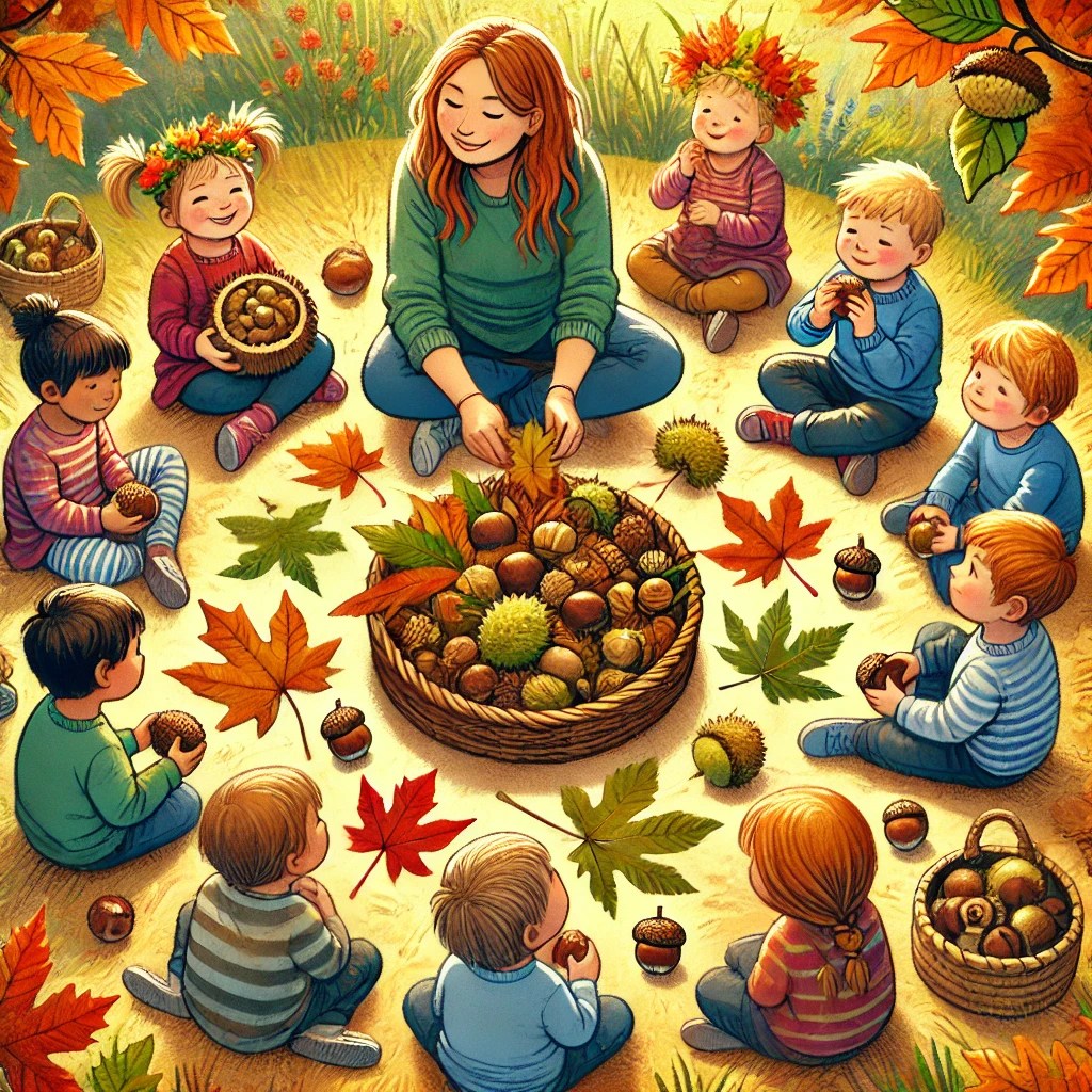 Scenariusz zajęć dla przedszkolaków: „Jesienne skarby natury – zabawy sensoryczne z liśćmi, kasztanami i żołędziami”