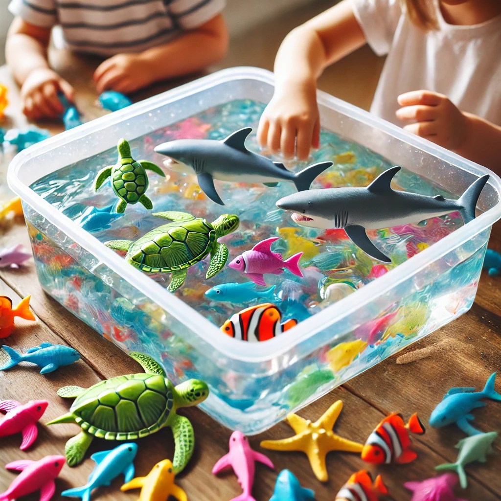 „Podwodny świat” – Zabawa sensoryczna z wodą i figurkami morskich&nbsp;zwierząt